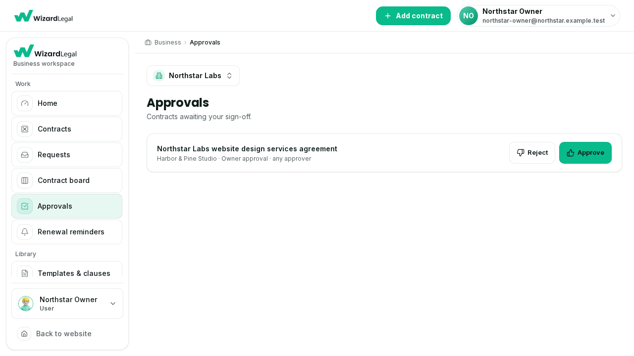 Illustrative approval queue showing fictional contracts awaiting approval and their next required decision.