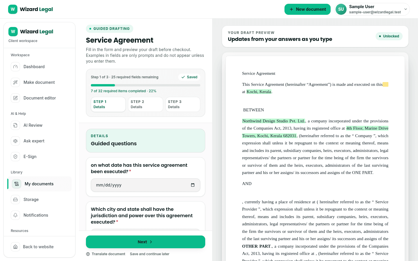 Illustrative guided document workspace showing the questions and draft-preview areas used while preparing a document.